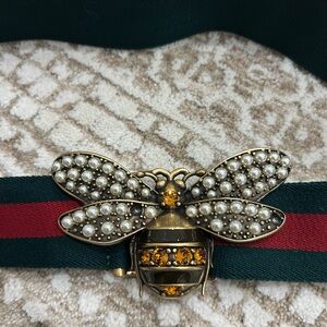 Gucci Gold Bee Brooch on Red and Green Belt